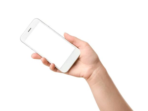 Female Hand Mobile Phone White Background — Stock Photo, Image