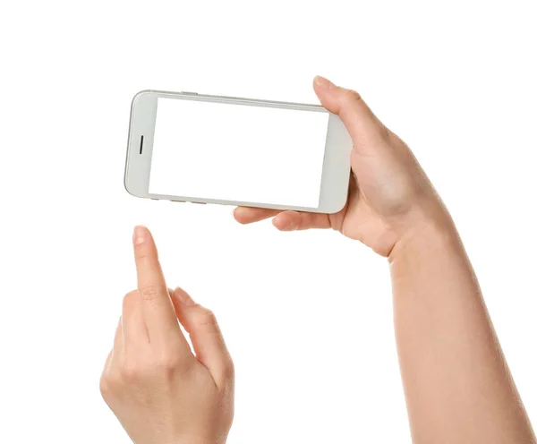 Mãos Femininas Com Telefone Celular Fundo Branco — Fotografia de Stock