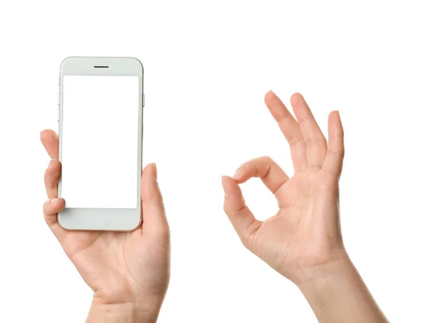 Female Hands Mobile Phone Showing Gesture White Background — Stock Photo, Image