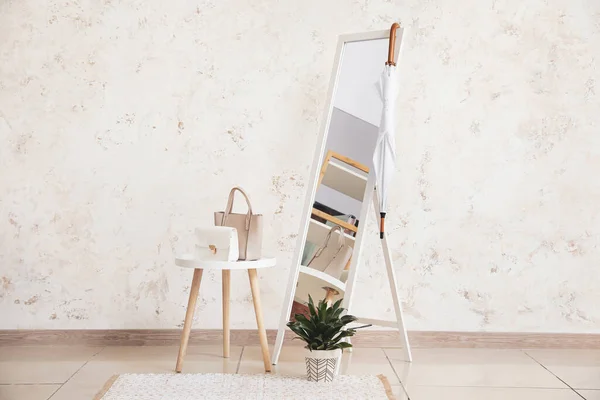 Stylish Interior Modern Hall Umbrella Mirror Table Bags — Stock Photo, Image