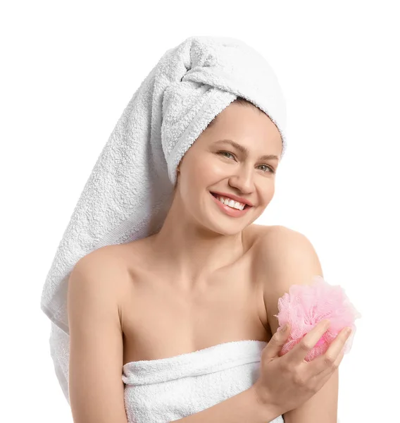 Beautiful Young Woman Shower Gel White Background — Stock Photo, Image