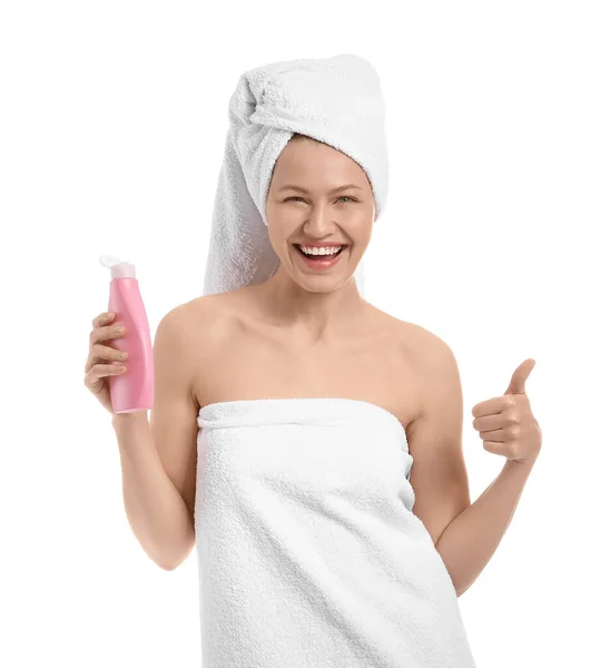 Beautiful Young Woman Shower Gel White Background — Stock Photo, Image