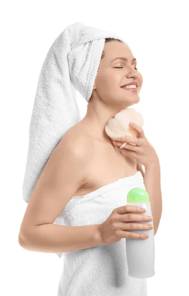 Beautiful Young Woman Shower Gel White Background — Stock Photo, Image