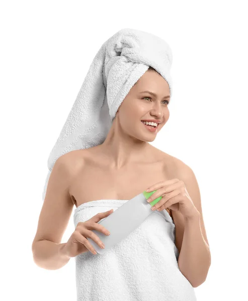 Beyaz Arka Planda Duş Jeli Olan Güzel Genç Bir Kadın — Stok fotoğraf