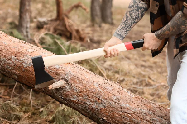 Handsome Lumberjack Cutting Trees Forest — Stock Photo, Image