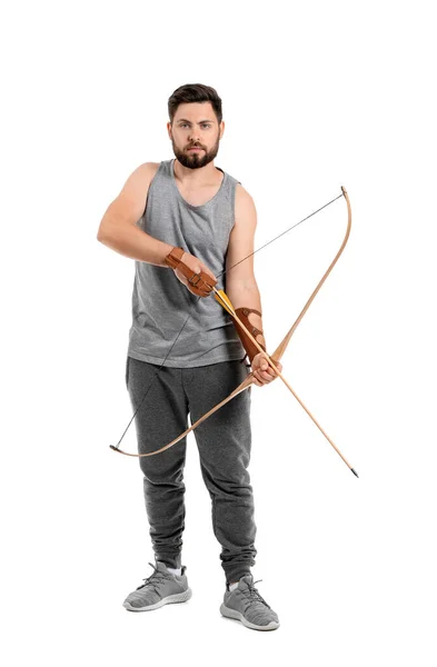 Hombre Guapo Con Ballesta Sobre Fondo Blanco — Foto de Stock