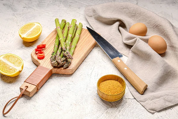 Asparagus Eggs Lemon Spices Grey Background — Stock Photo, Image