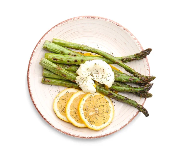 Cooked Asparagus Egg Lemon White Background — Stock Photo, Image