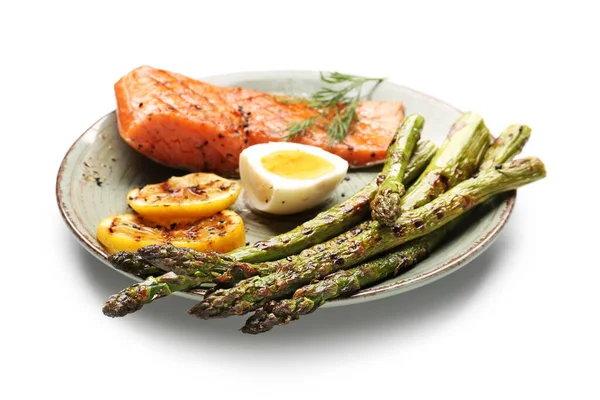 Cooked Asparagus Salmon Egg Lemon White Background — Stock Photo, Image