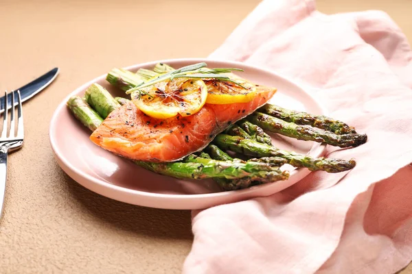 Cooked Asparagus Salmon Lemon Plate — Stock Photo, Image