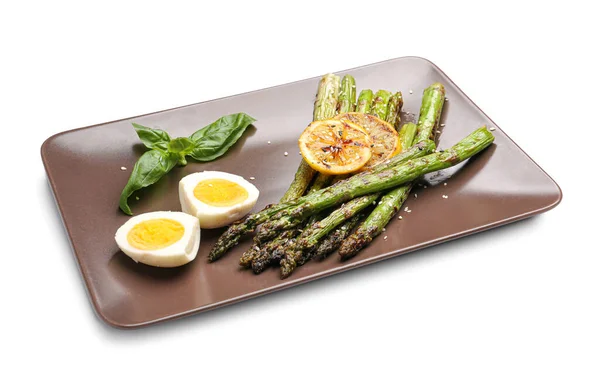 Asperges Cuites Avec Oeuf Citron Sur Fond Blanc — Photo