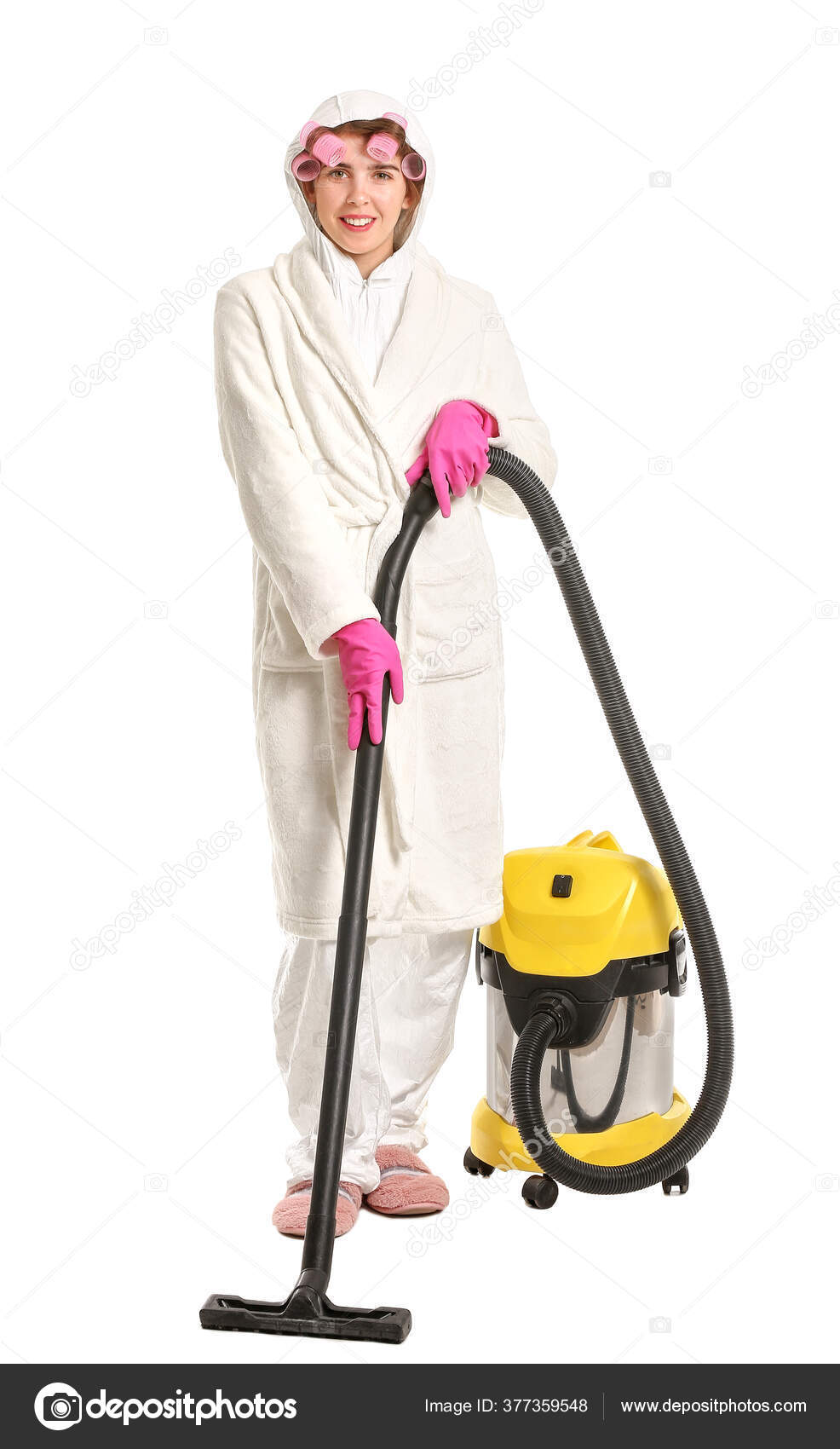 Housewife Protective Costume Vacuum Cleaner White Background Stock