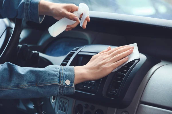 Woman Disinfecting Salon Car — Stock Photo, Image