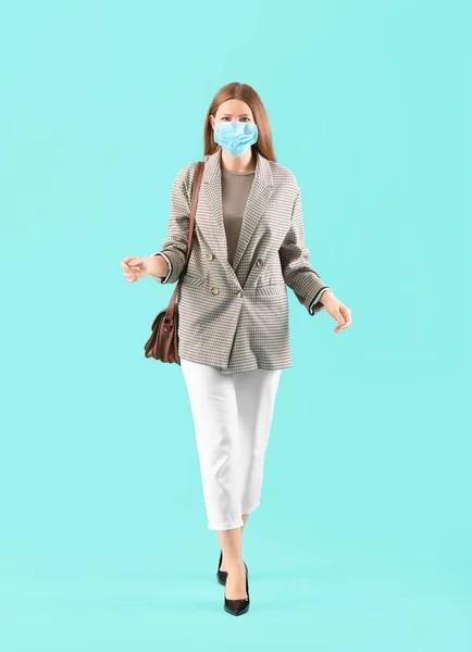 Young Woman Wearing Protective Mask Color Background Concept Coronavirus Epidemic — Stock Photo, Image