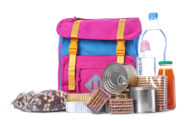 Schoolbag Different Products White Background Concept Backpack Food Program — Stock Photo, Image