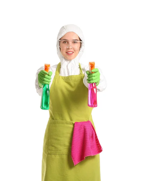 Housewife Protective Costume Cleaning Supplies White Background — Stock Photo, Image