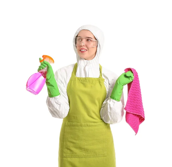 Housewife Protective Costume Cleaning Supplies White Background — Stock Photo, Image