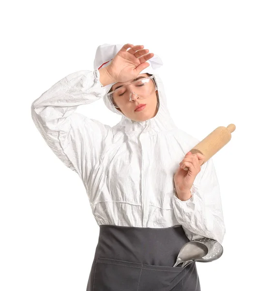 Tired Housewife Protective Costume Kitchen Utensils White Background — Stock Photo, Image