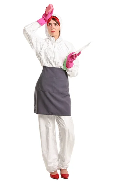 Tired Housewife Protective Costume Sponge Plate White Background — Stock Photo, Image