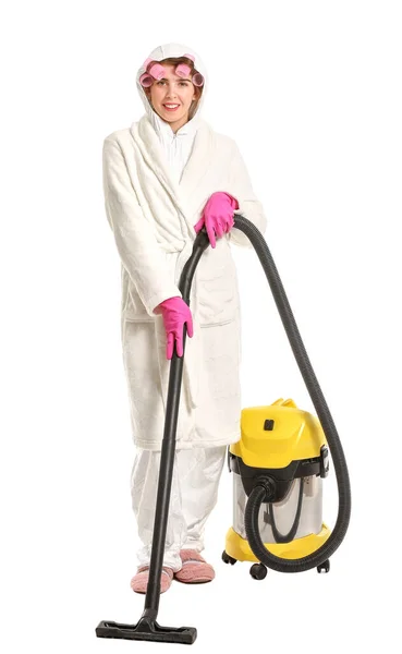 Femme Foyer Costume Protection Avec Aspirateur Sur Fond Blanc — Photo