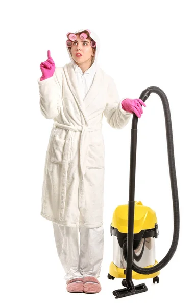 Housewife Protective Costume Vacuum Cleaner White Background — Stock Photo, Image