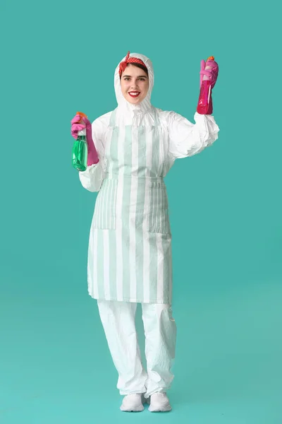 Housewife Protective Costume Cleaning Supplies Color Background — Stock Photo, Image