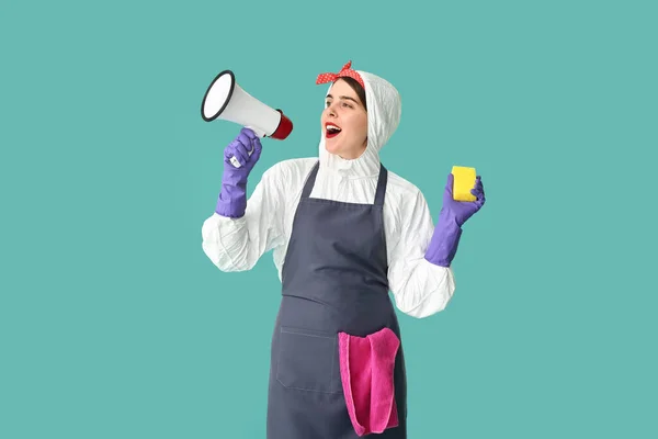 Screaming Housewife Protective Costume Megaphone Color Background — Stock Photo, Image