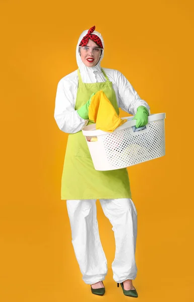 Housewife Protective Costume Laundry Color Background — Stock Photo, Image