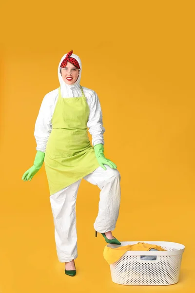 Housewife Protective Costume Laundry Color Background — Stock Photo, Image