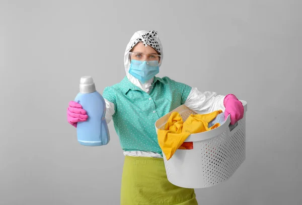 Housewife Protective Costume Laundry Grey Background — Stock Photo, Image