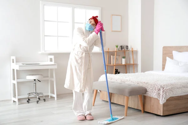 Tired Housewife Protective Costume Cleanup Bedroom — Stock Photo, Image