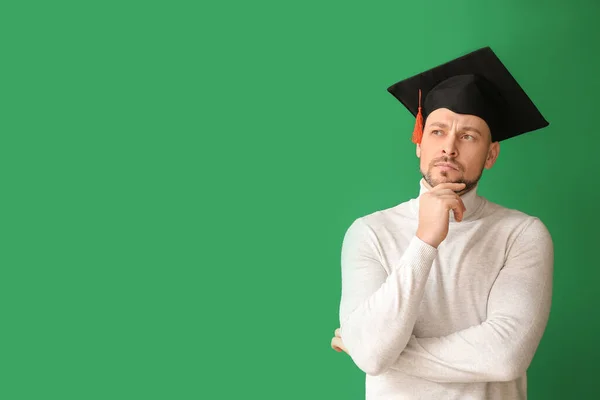 Thoughtful Man Graduation Hat Color Background — Stock Photo, Image