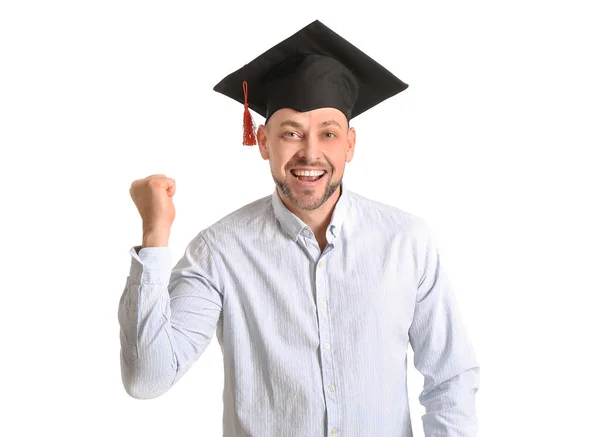 Hombre Feliz Sombrero Graduación Sobre Fondo Blanco — Foto de Stock