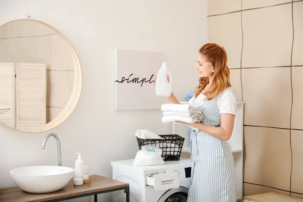 Beautiful Woman Clean Towels Detergent Home — Stock Photo, Image