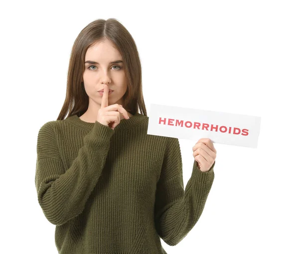 Young Woman Holding Paper Text Hemorrhoids Showing Silence Gesture White — Stock Photo, Image