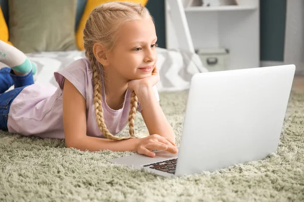 Cute Little Girl Laptop Home Concept Online Education — Stock Photo, Image