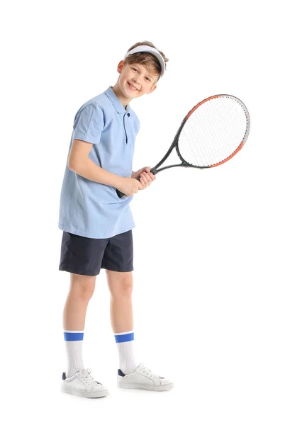 Lindo Niño Con Raqueta Tenis Sobre Fondo Blanco — Foto de Stock