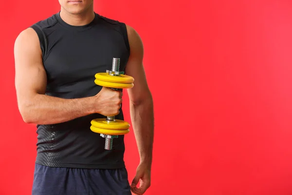 Sporty Young Man Dumbbell Color Background — Stock Photo, Image