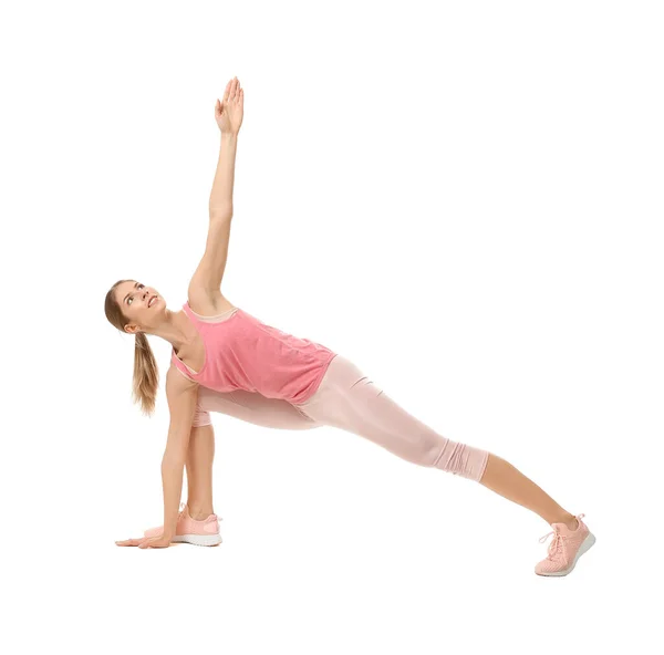 Wanita Muda Sporty Berlatih Yoga Latar Belakang Putih — Stok Foto