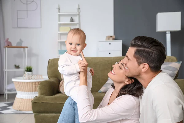 Cute Baby With Parents At Home Room Caucasian Stock Photo