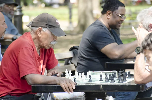 Homem velho jogando xadrez em Washington Square Park, NYC Fotos De Bancos De Imagens