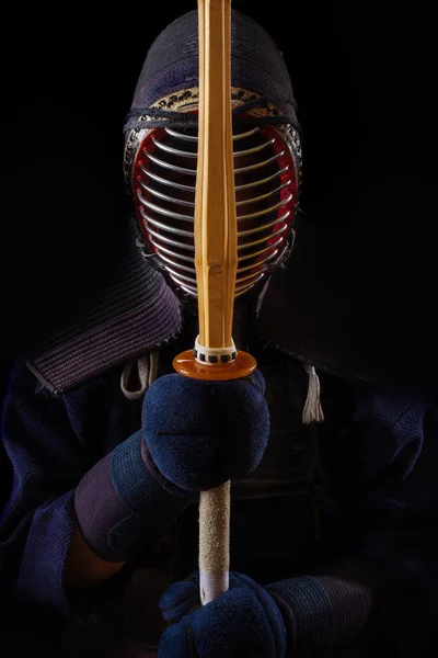 Portrait of man kendo fighter with bokuto — Stock Photo, Image
