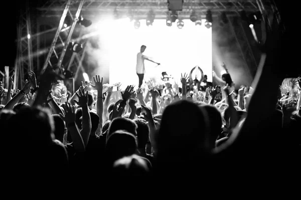 Силуэты людей на концерте перед сценой в ярком свете. Черное и белое — стоковое фото