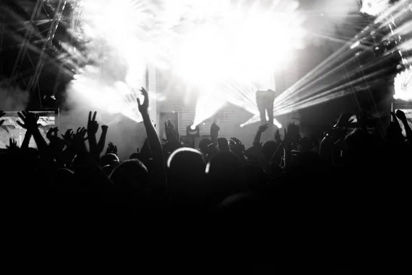 Силуэты людей на концерте перед сценой в ярком свете. Черное и белое — стоковое фото