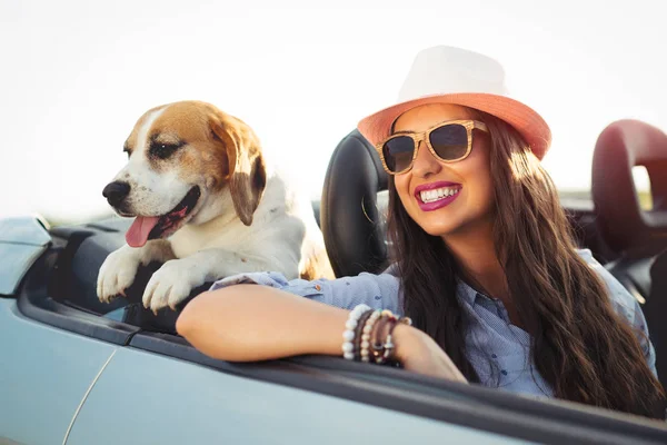 Žena a pes v autě na letní cestování — Stock fotografie