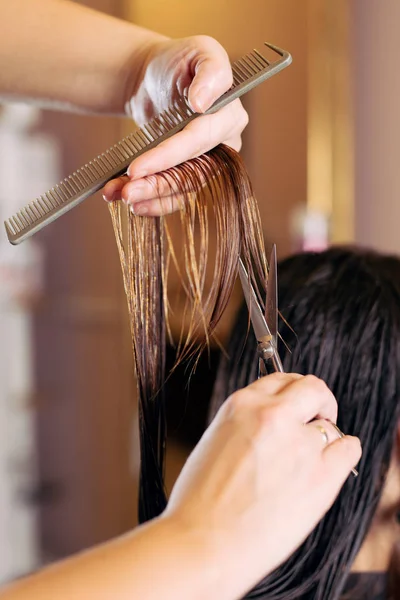 Tesoura de corte de cabelo feminino em um salão de beleza — Fotografia de Stock