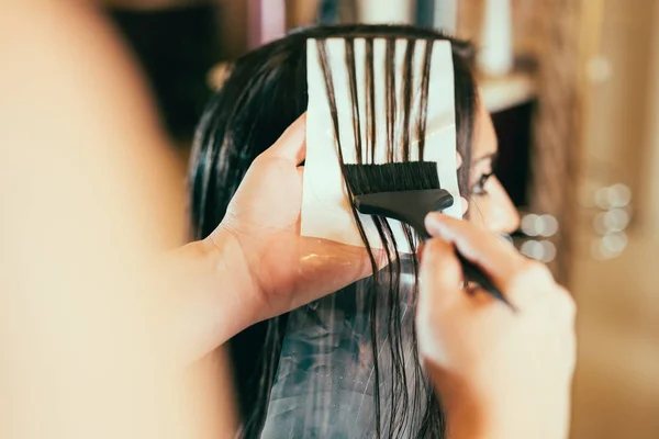 Hairdresser coloring hair in studio — Stock Photo, Image