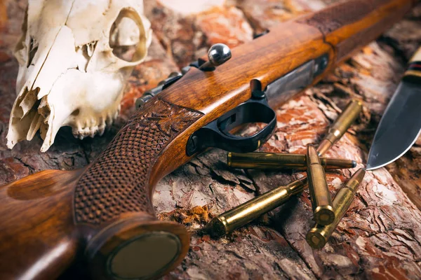 Hunting Equipment Old Wooden Background — Stock Photo, Image