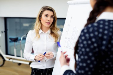 Beyaz Tahta'modern ofis önünde duran iki genç kadın