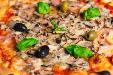 Lezzetli pizza, yakın plan. Jambonlu pizza, mozzarella, mantar, siyah zeytin, baharat ve taze fesleğen..